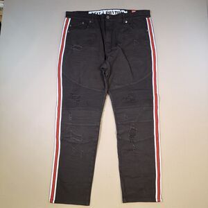 NOS Beat & Rhythm Jeans Mens 38x32 Black Red Stripe Moto Biker Distressed HipHop